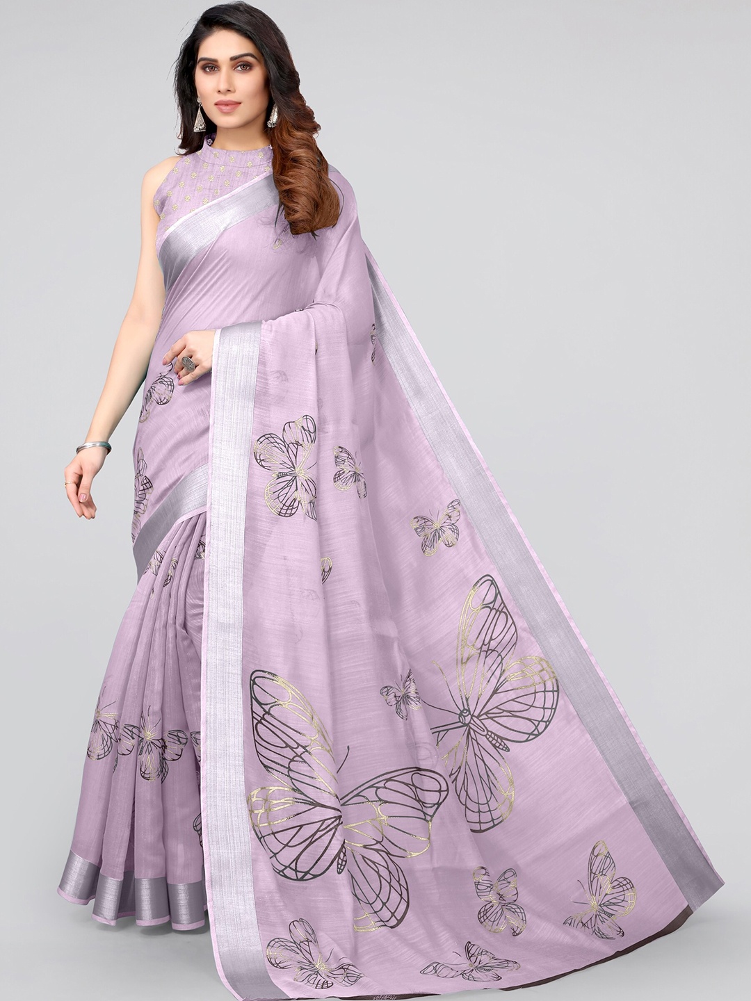 

MIRCHI FASHION Purple & Black Embellished Zari Saree