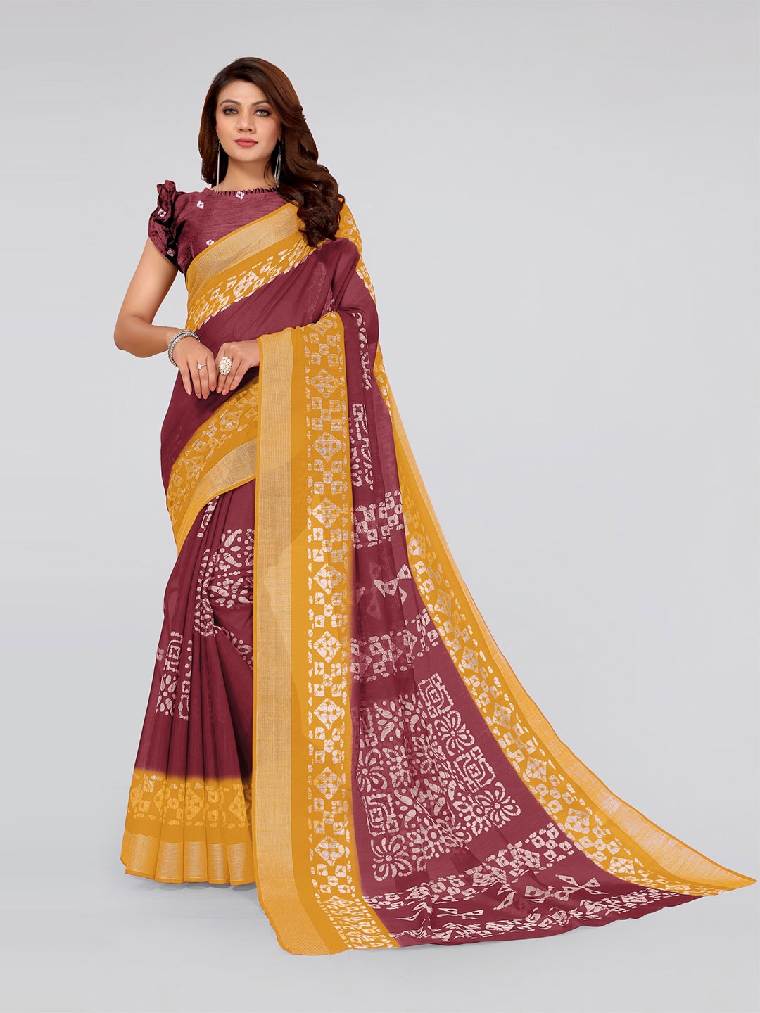 

MIRCHI FASHION Maroon & Yellow Batik Block Print Saree