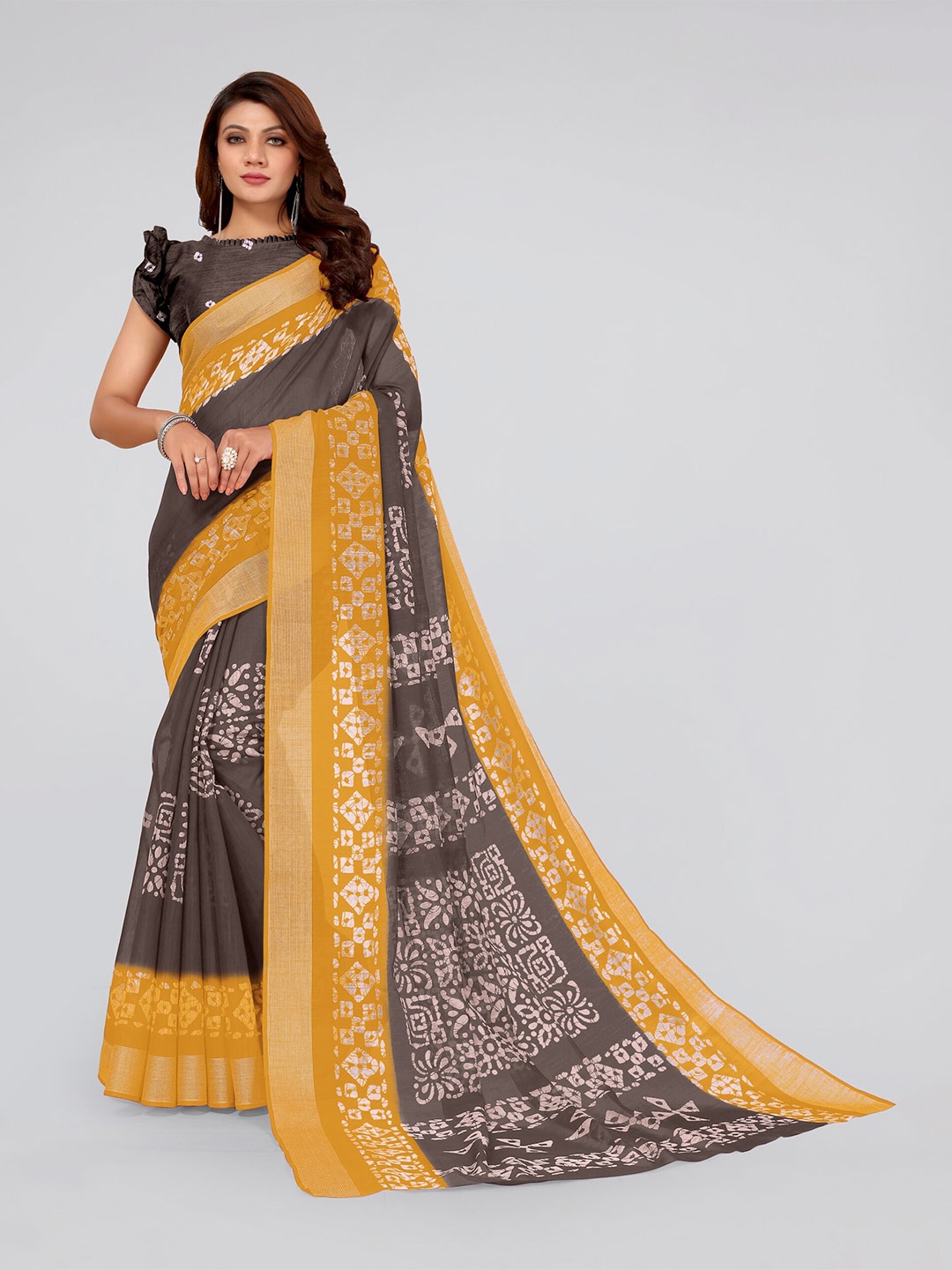 

MIRCHI FASHION Coffee Brown & Mustard Batik Block Print Saree