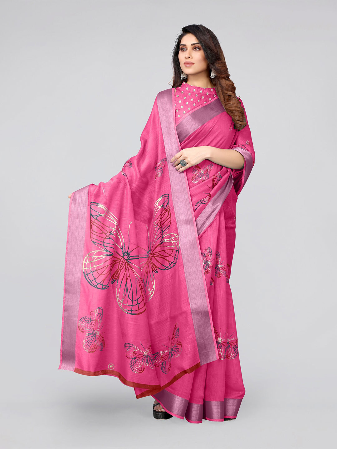 

MIRCHI FASHION Pink & Blue Embellished Zari Saree