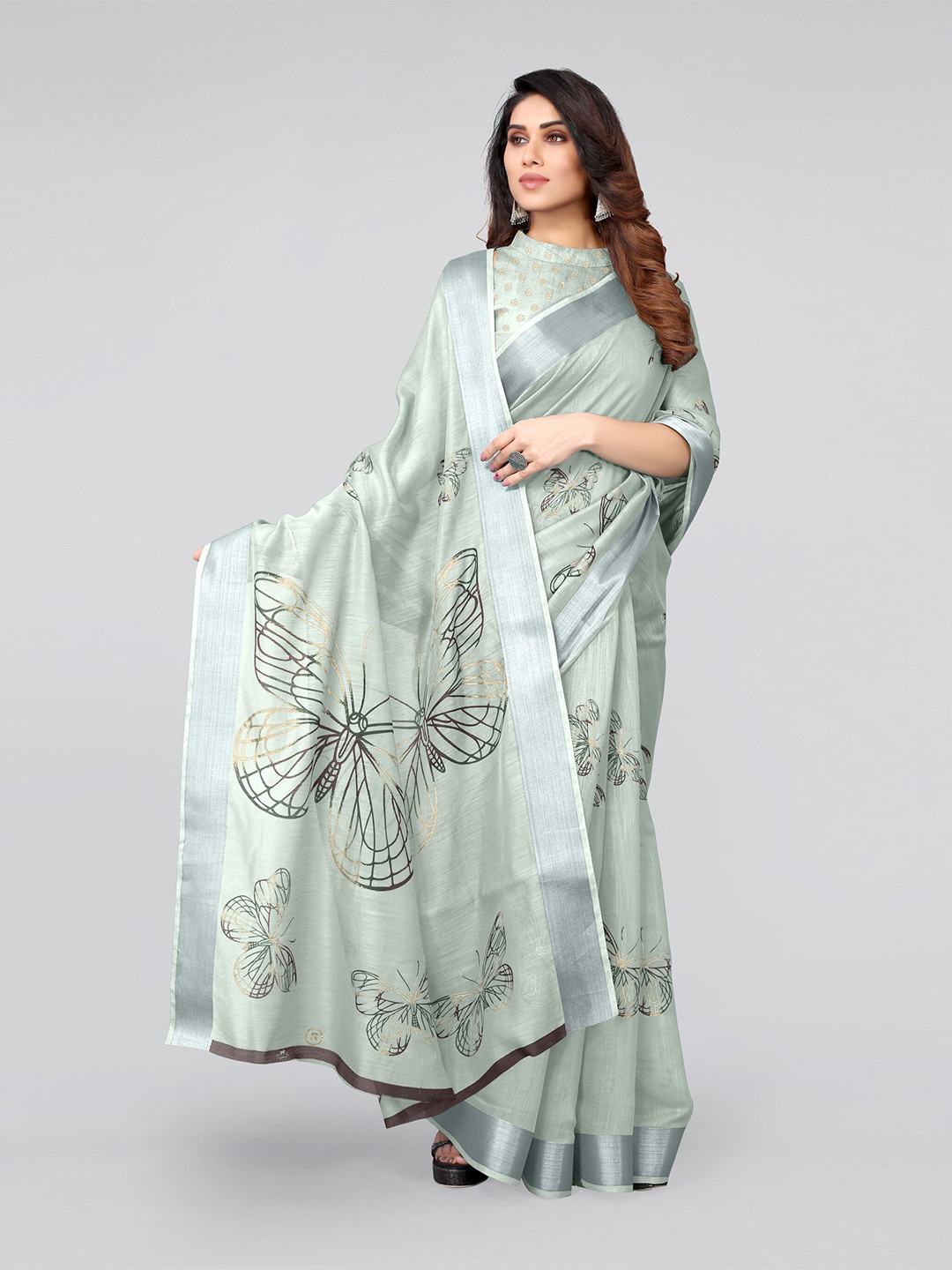 

MIRCHI FASHION Sea Green & Gold-Toned Embellished Zari Saree