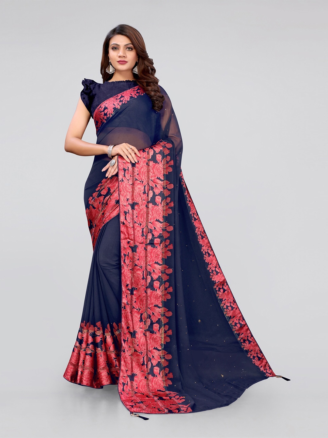 

MIRCHI FASHION Navy Blue & Peach-Coloured Floral Zari Saree