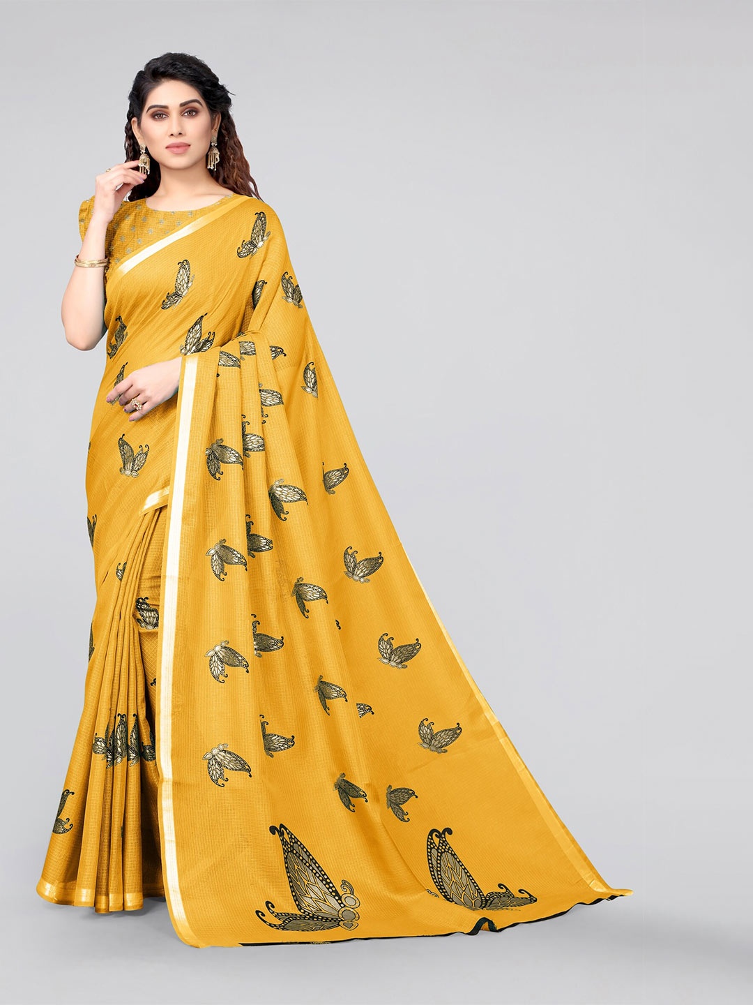 

MIRCHI FASHION Mustard & Black Embellished Zari Kota Saree