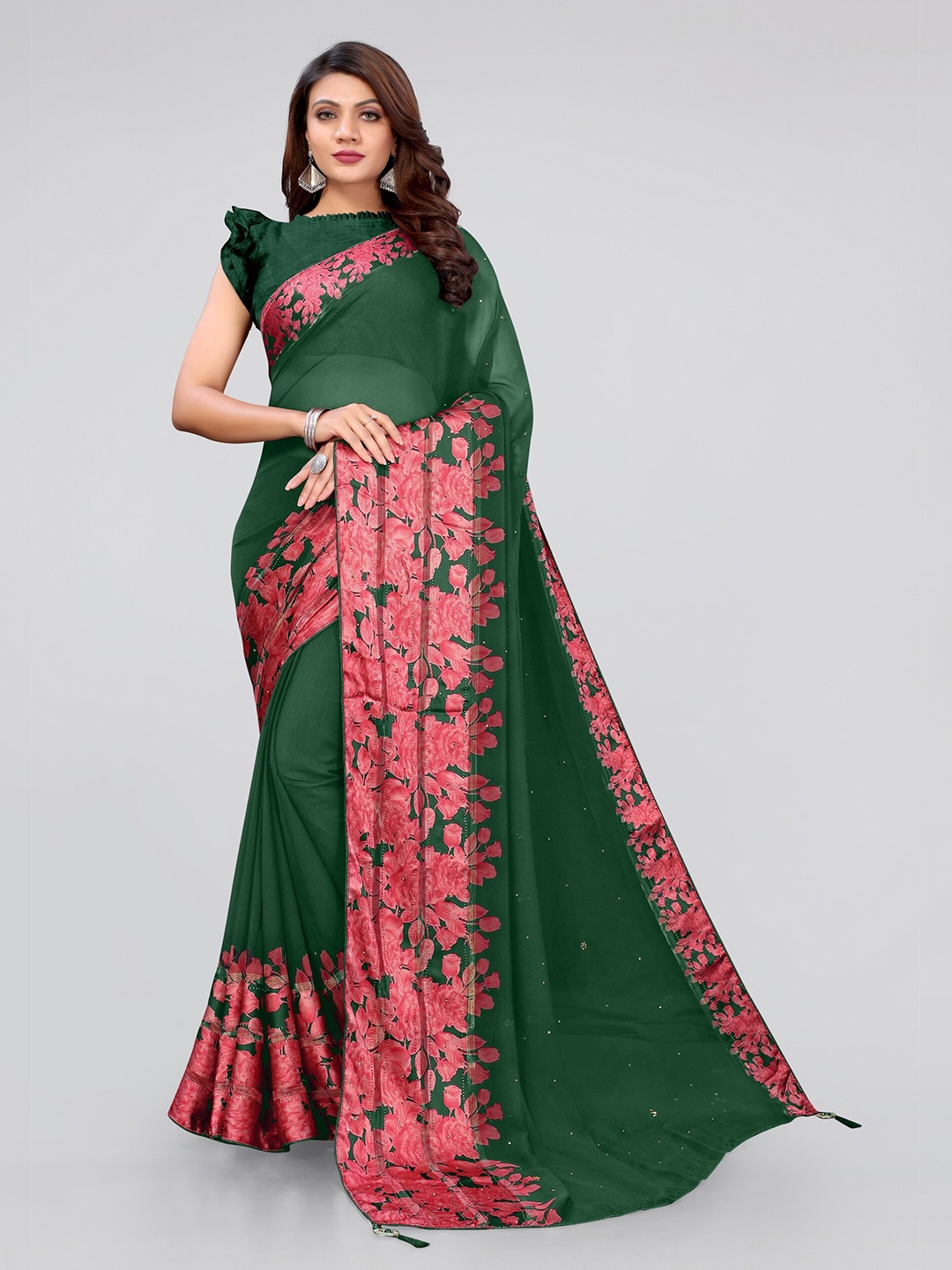 

MIRCHI FASHION Green & Pink Floral Zari Saree