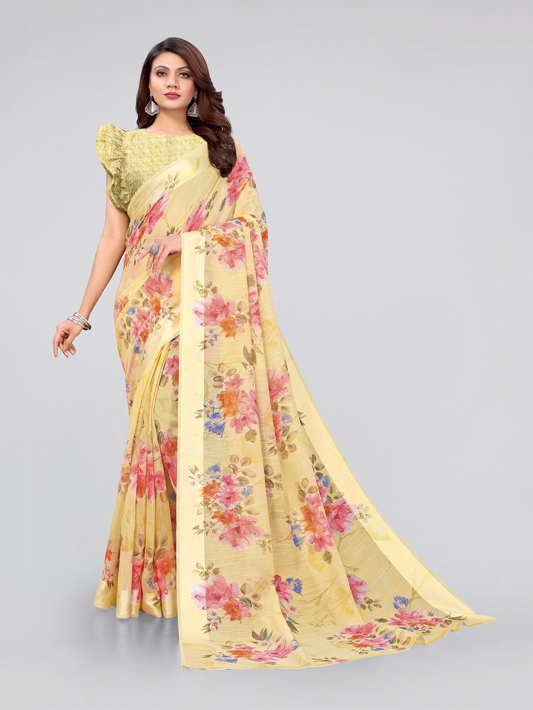 

MIRCHI FASHION Yellow & Pink Floral Saree