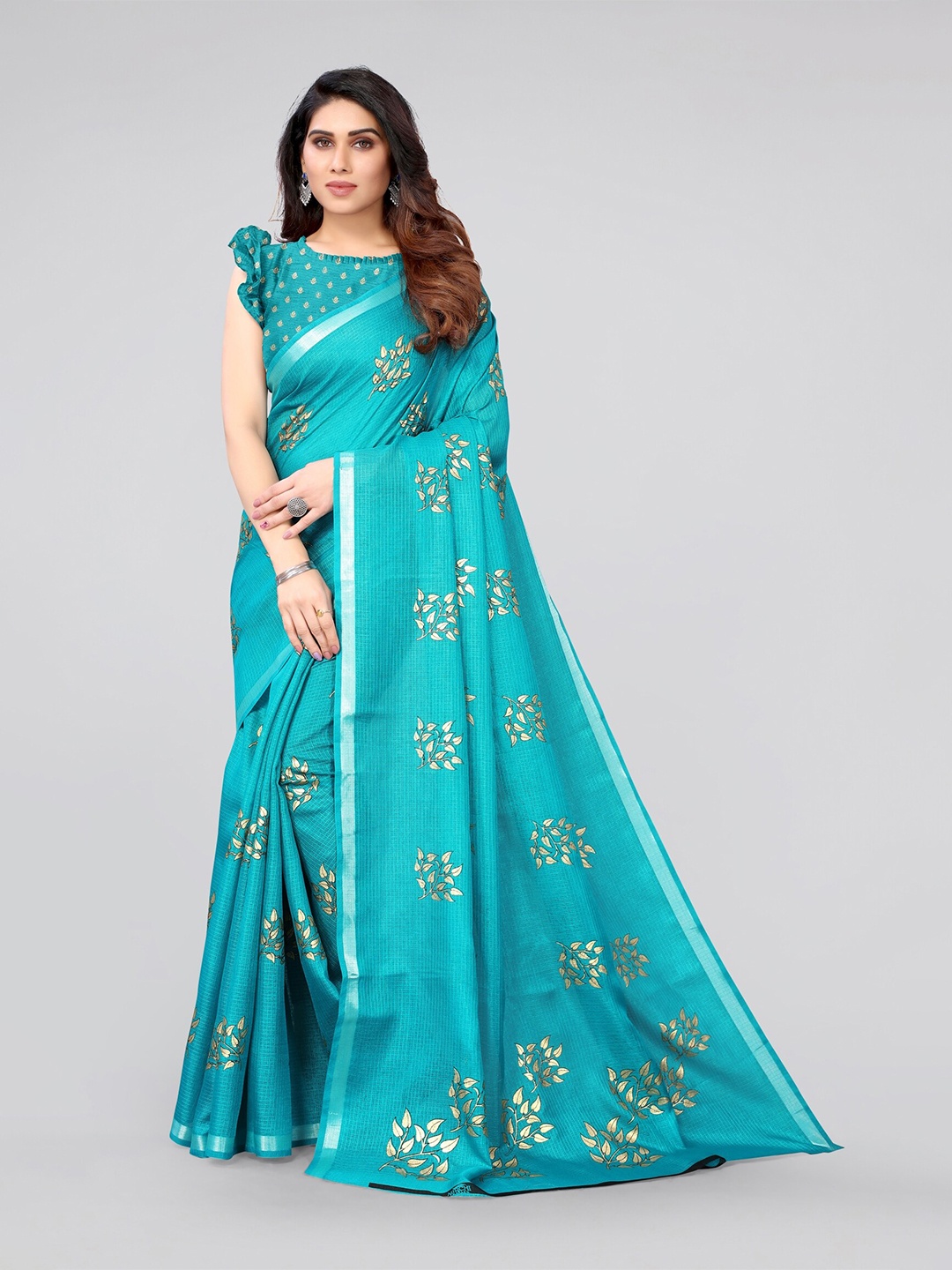 

MIRCHI FASHION Turquoise Blue & Gold-Toned Embellished Zari Kota Saree