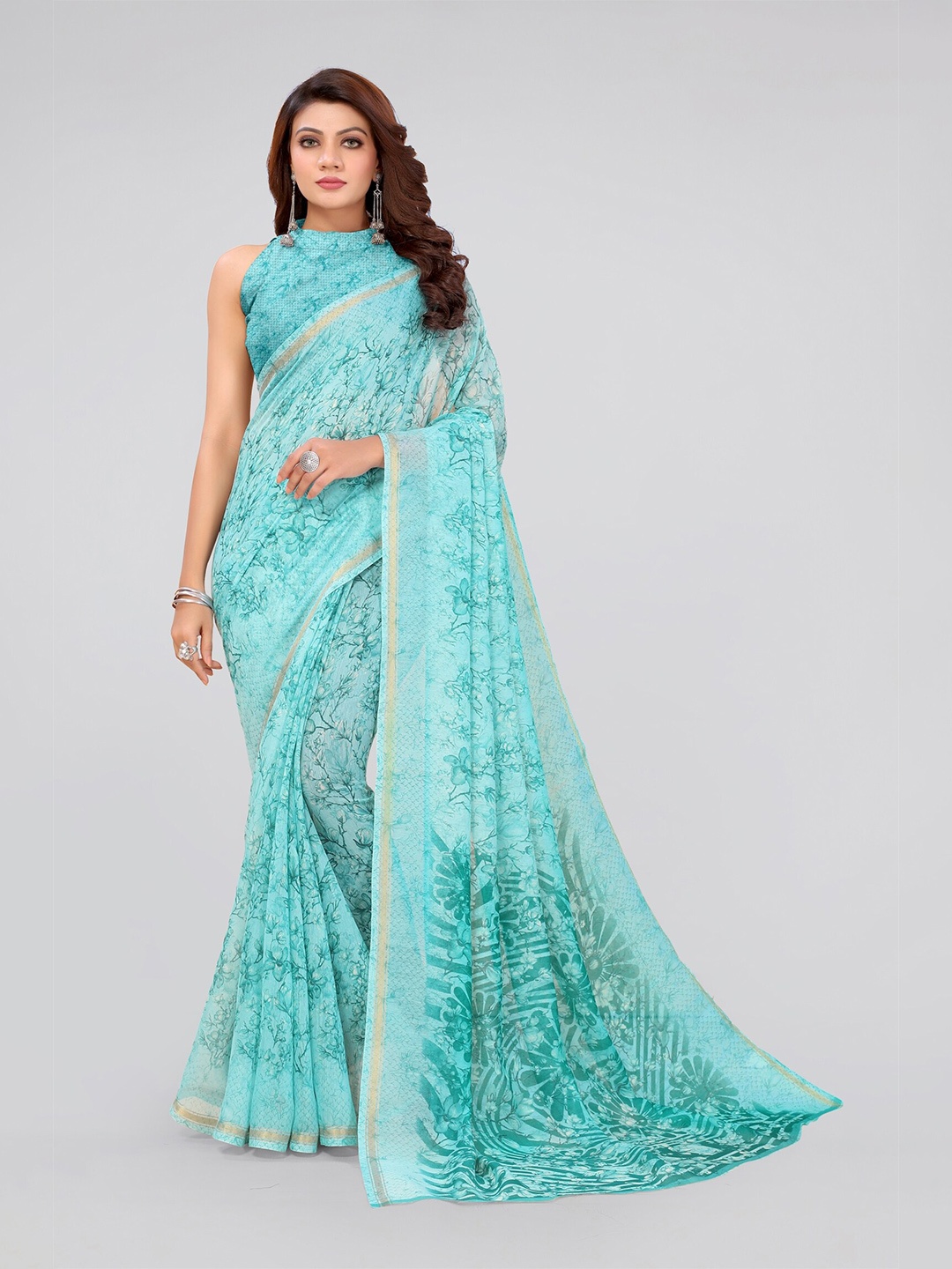 

MIRCHI FASHION Turquoise Blue & Gold-Toned Floral Zari Saree