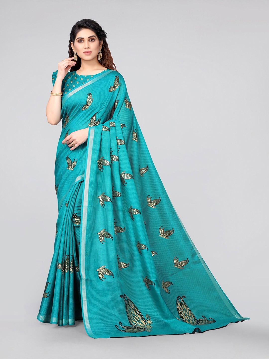 

MIRCHI FASHION Turquoise Blue & Gold-Toned Embellished Zari Kota Saree