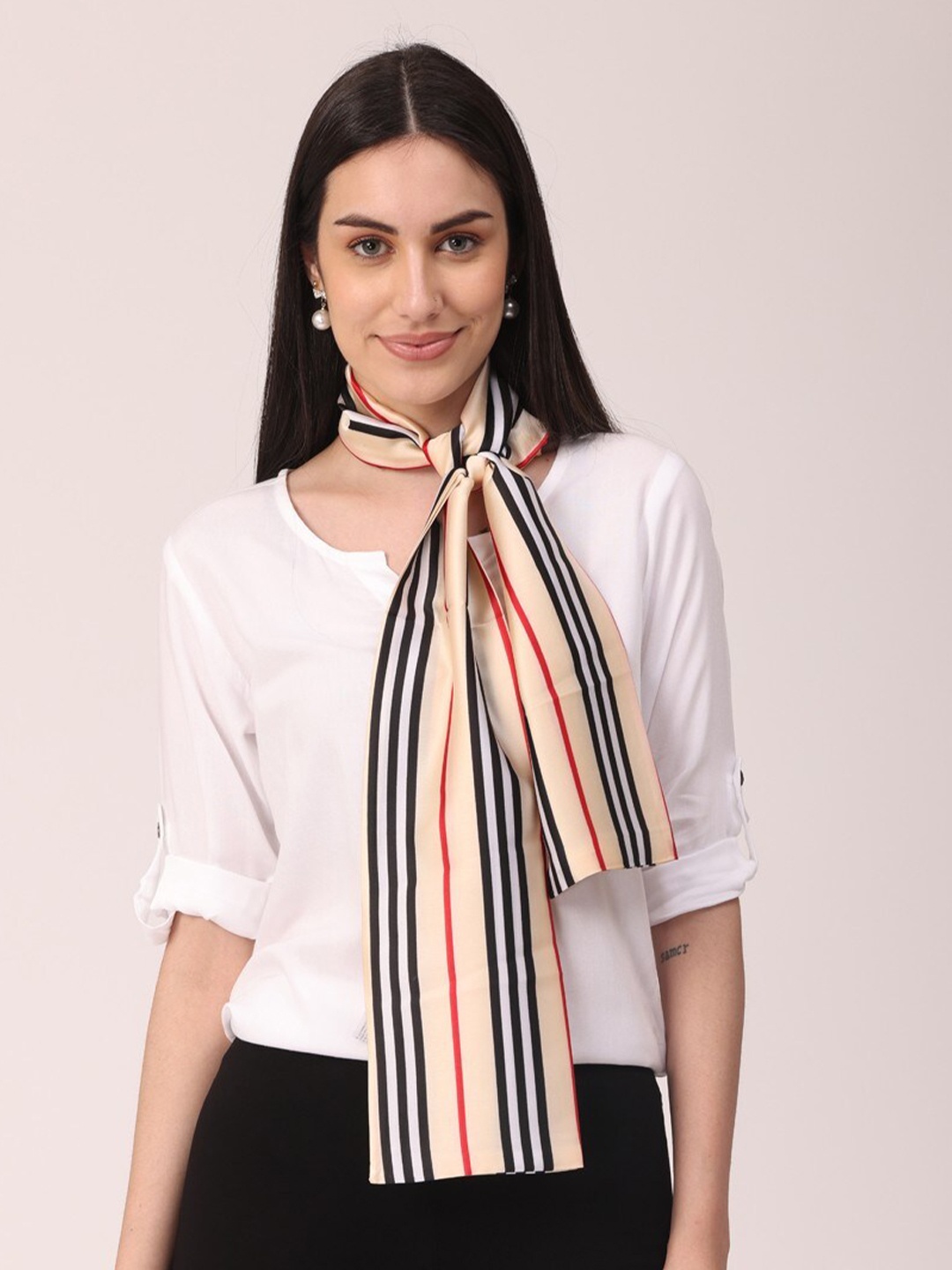 

NOTEQUAL Women Beige & Black Striped Scarf