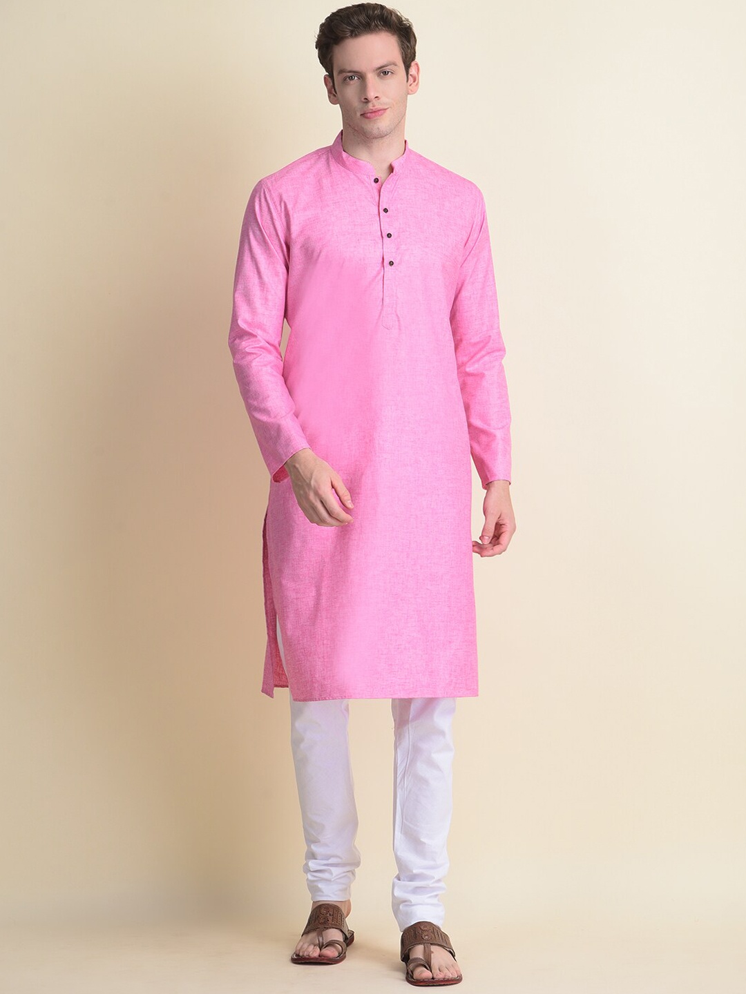 

NAMASKAR Men Pink Cotton Solid Kurta with Churidar