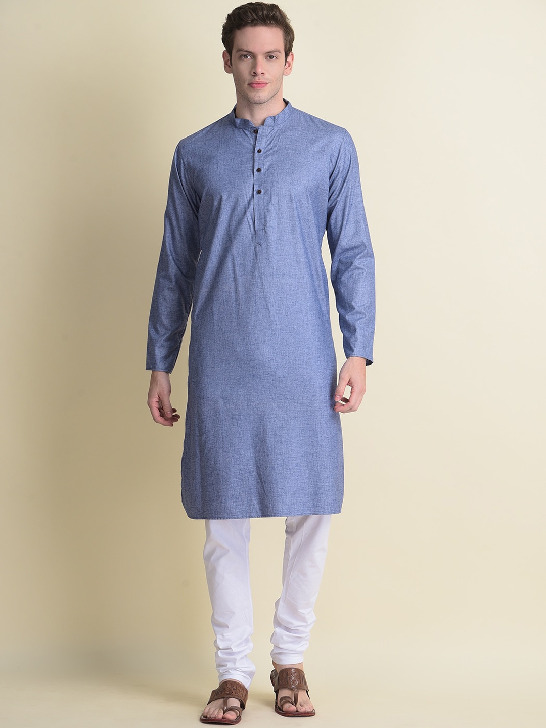 

NAMASKAR Men Blue Cotton Solid Kurta with Churidar