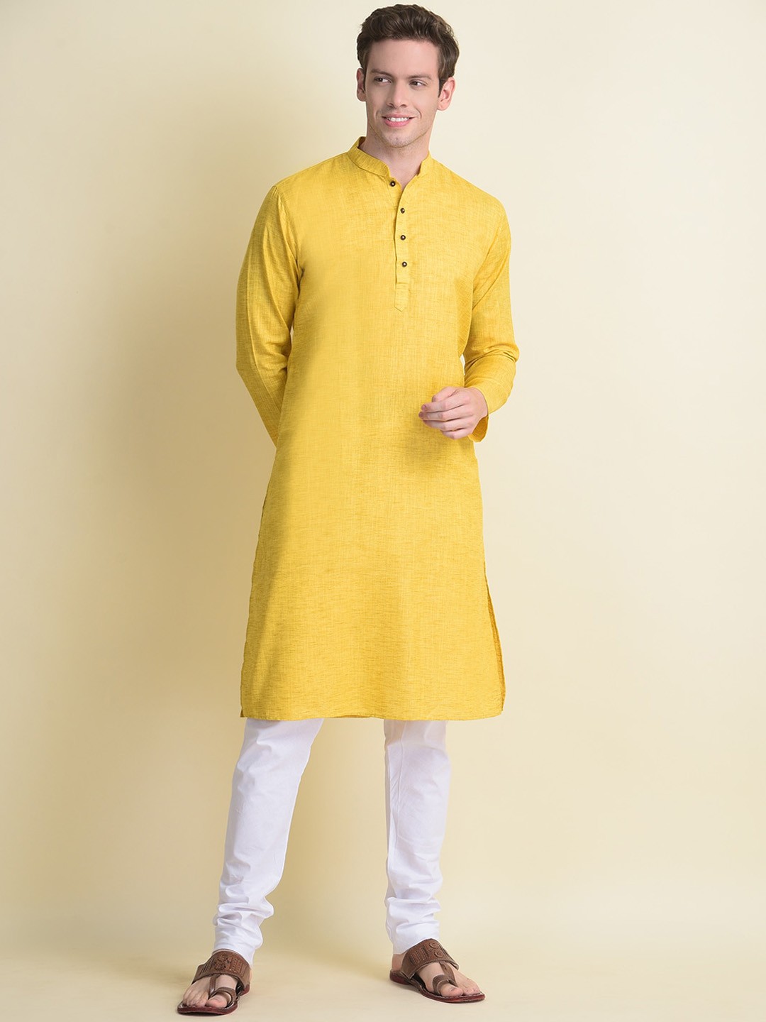 

NAMASKAR Men Yellow Cotton Linen Solid Kurta with Churidar