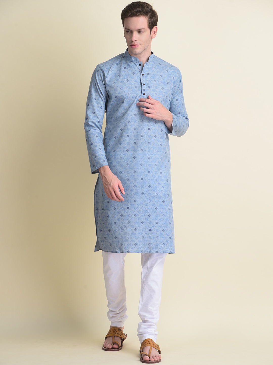 NAMASKAR Men Blue Printed Cotton Kurta with Pyjamas