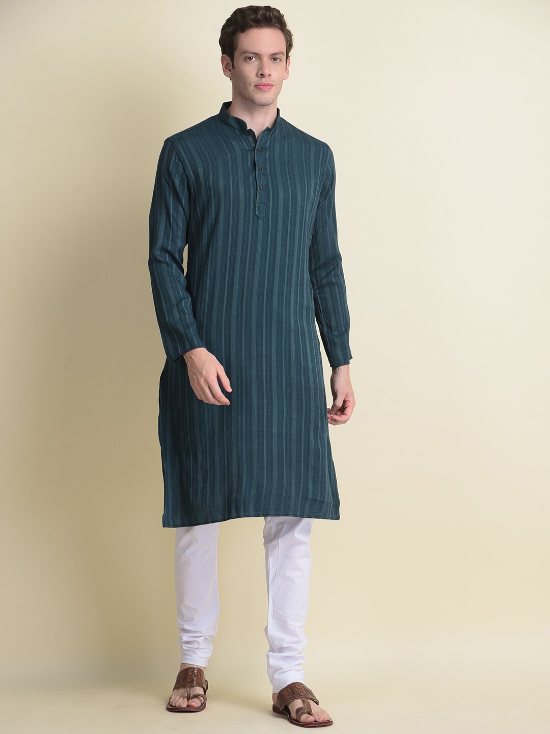 

NAMASKAR Men Green Striped Cotton Kurta with Pyjamas