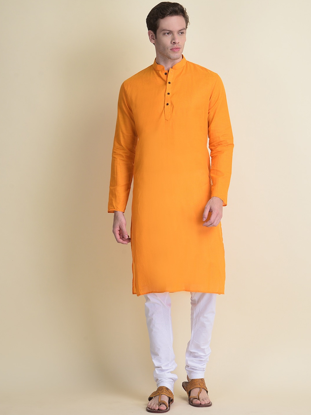 

NAMASKAR Men Yellow Self Design Cotton Kurta with Pyjamas