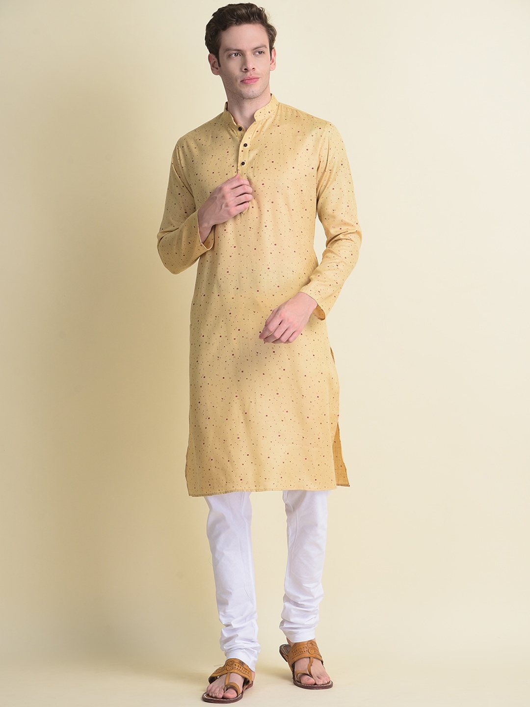 

NAMASKAR Men Beige Cotton Printed Kurta with Churidar