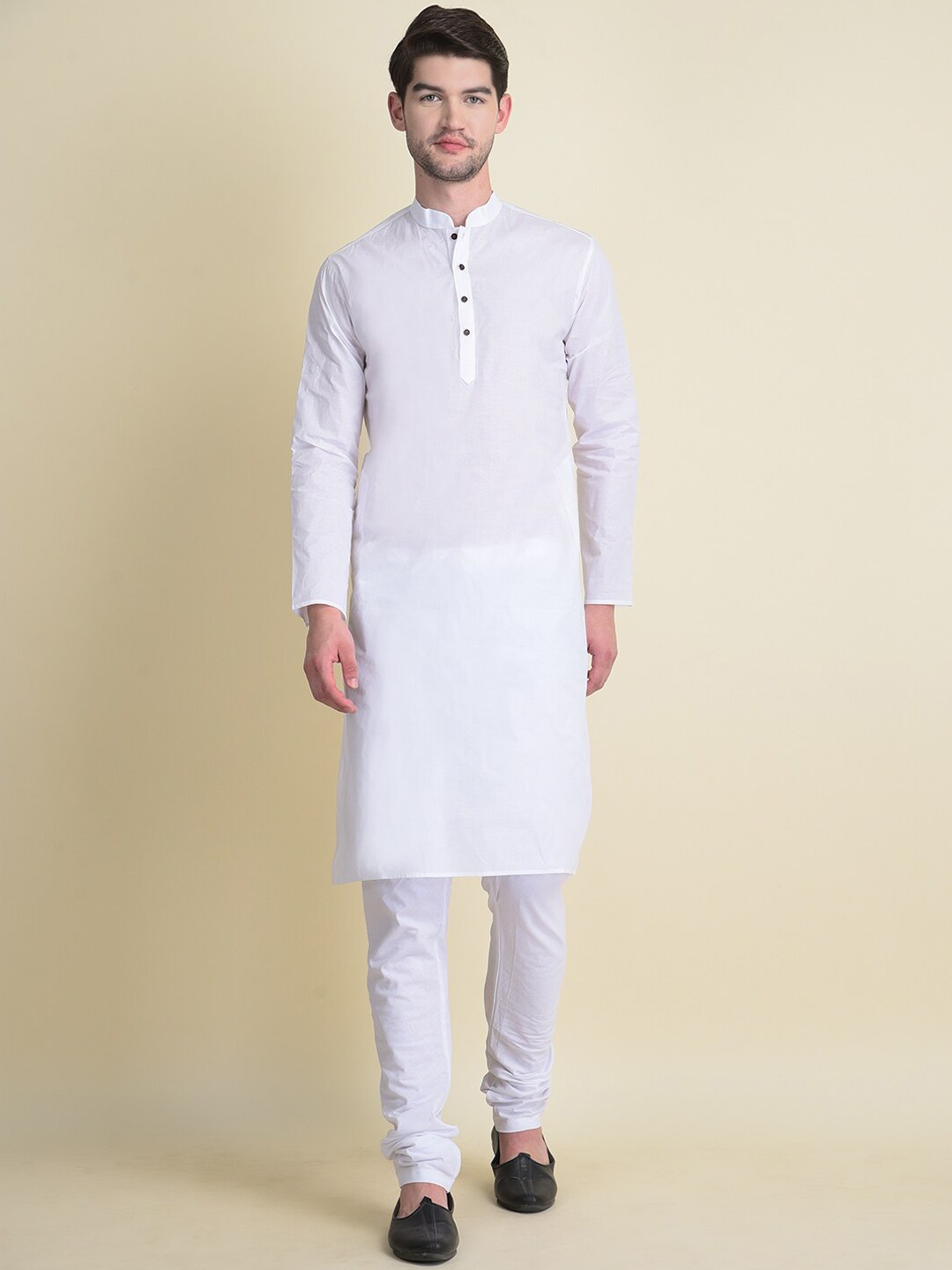 

NAMASKAR Men White Cotton Solid Kurta with Churidar