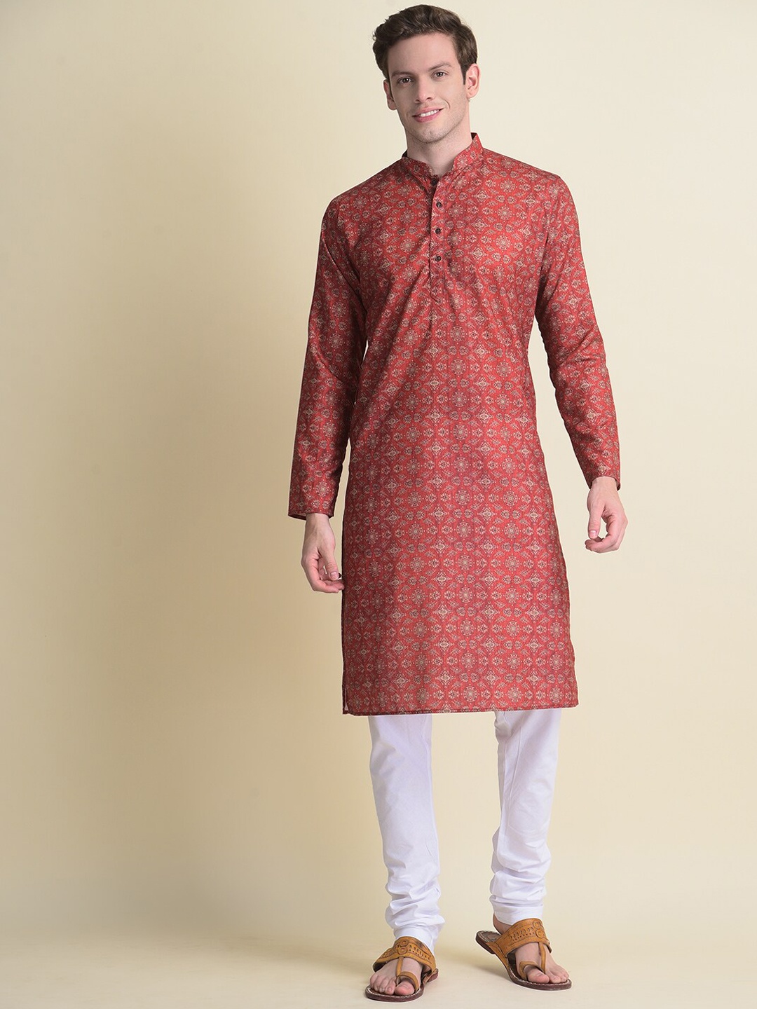 

NAMASKAR Men Red Cotton Printed Kurta with Churidar