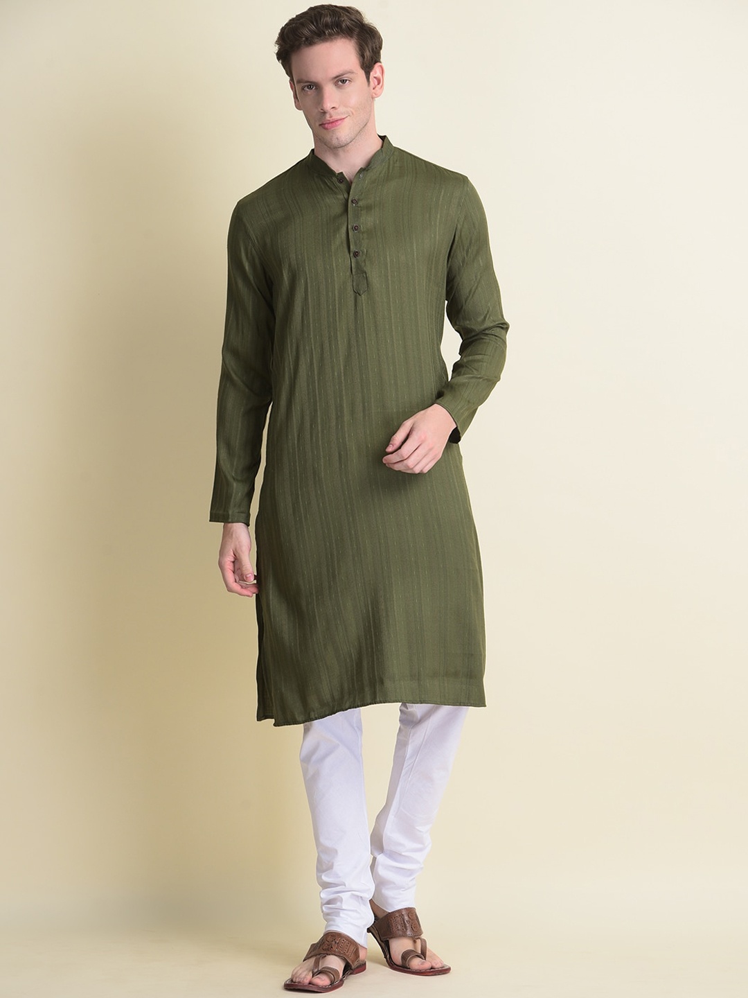 

NAMASKAR Men Green Self Design Cotton Kurta with Pyjamas