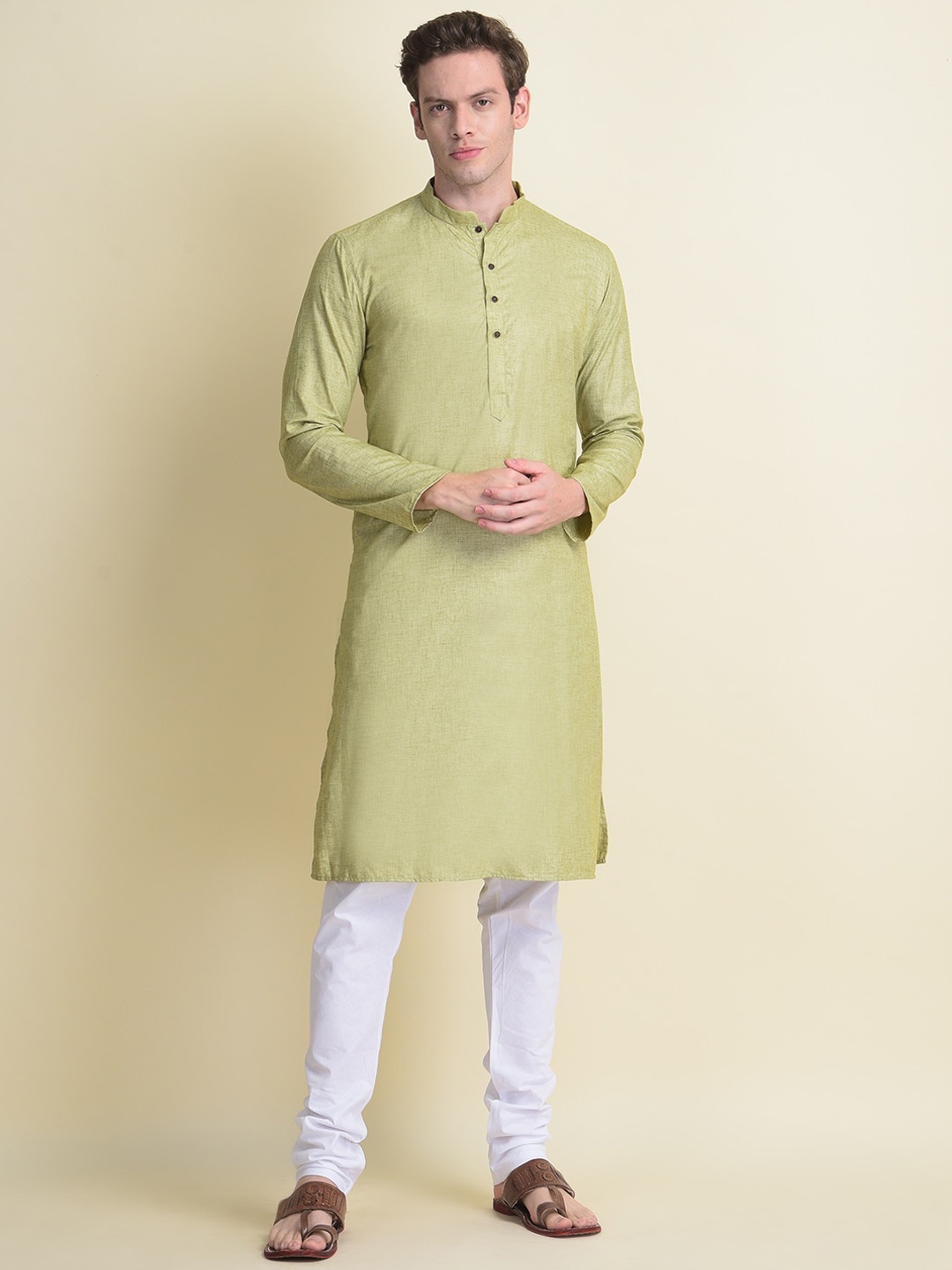 

NAMASKAR Men Green Cotton Solid Kurta with Churidar