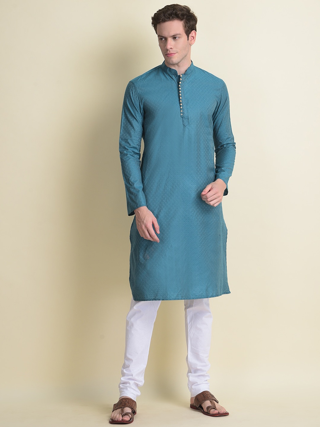 

NAMASKAR Men Green Self Design Cotton Kurta with Pyjamas