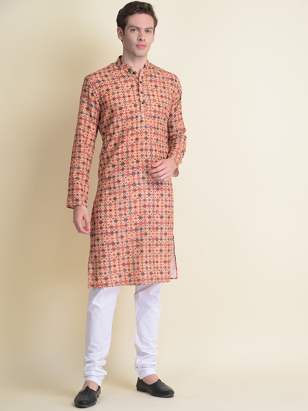 

NAMASKAR Men Beige Printed Cotton Kurti with Churidar