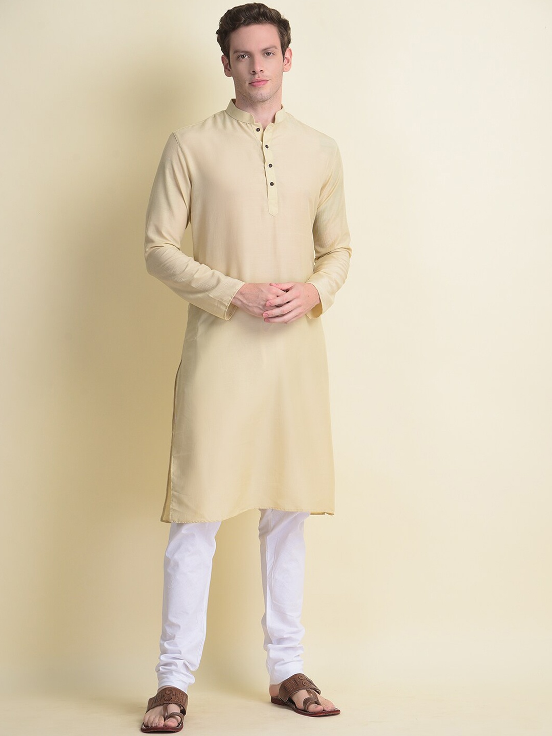 

NAMASKAR Men Gold-Toned Reyon Solid Kurta with Churidar