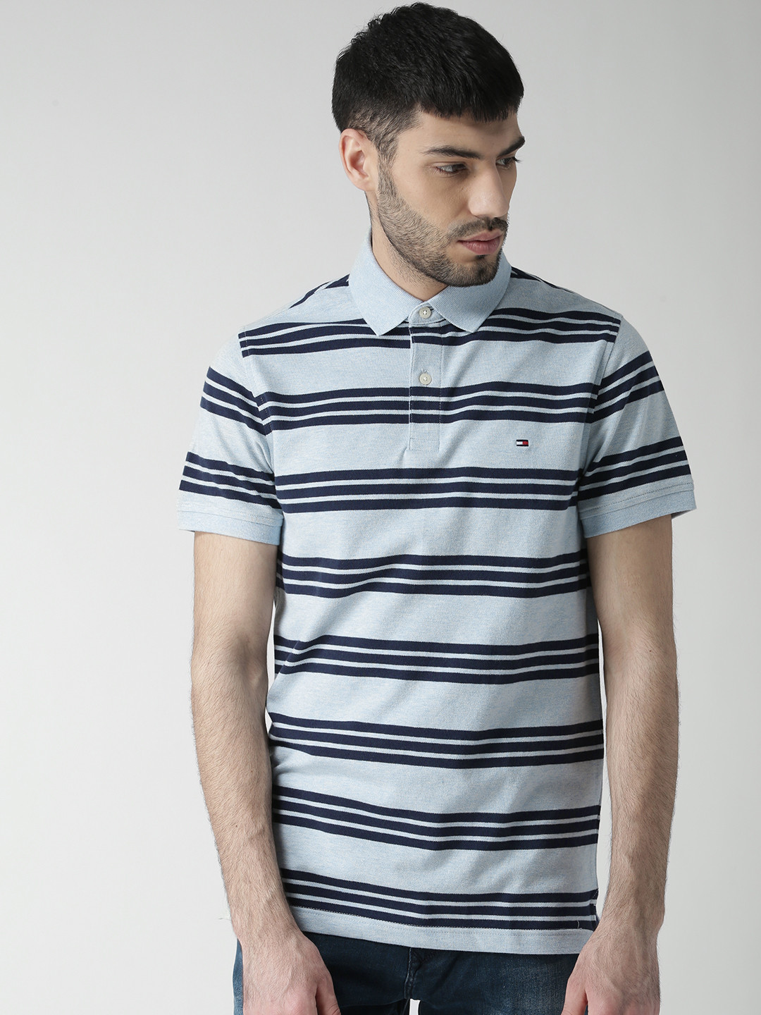 

Tommy Hilfiger Men Blue Striped Slim Fit Polo Collar T-shirt