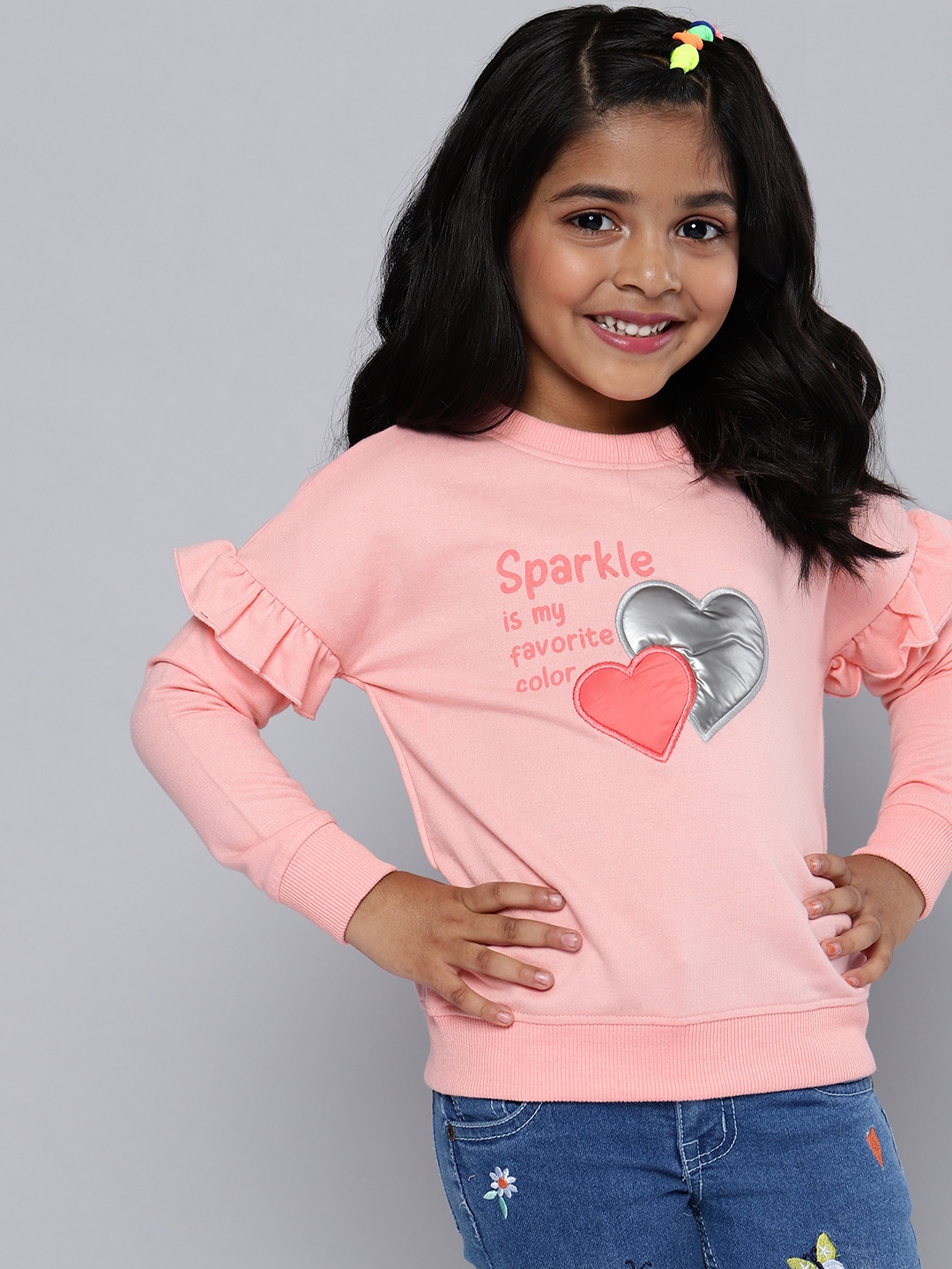 

HERE&NOW Girls Peach Pink Typography Print Sweatshirt with Applique & Ruffles Detail