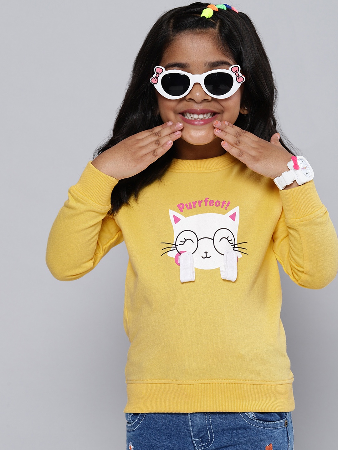 

HERE&NOW Girls Yellow Printed Sweatshirt