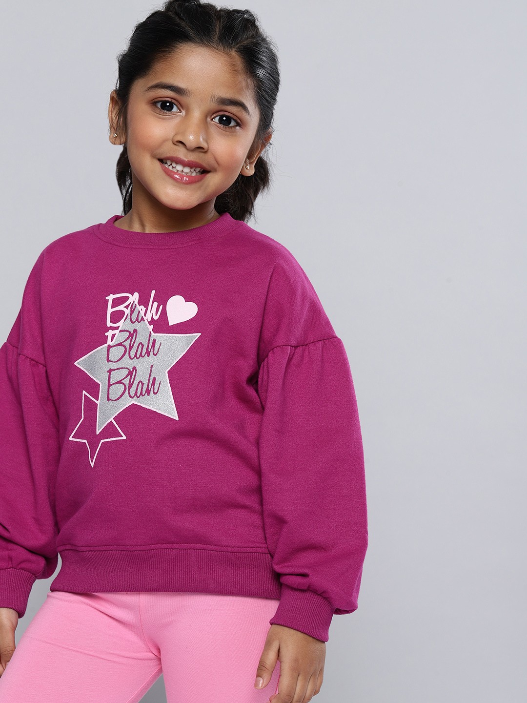 

HERE&NOW Girls Fuchsia Pink Blingy Typography Printed Pure Cotton Sweatshirt