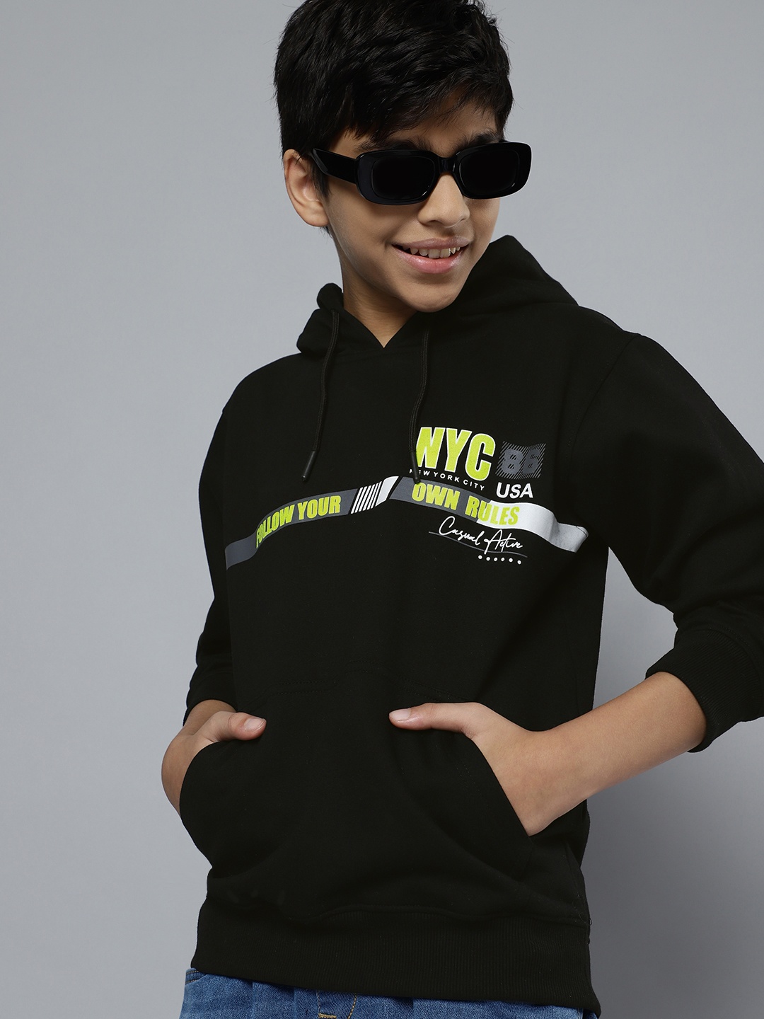 

HERE&NOW Boys Black & Neon Green Printed Hooded Sweatshirt