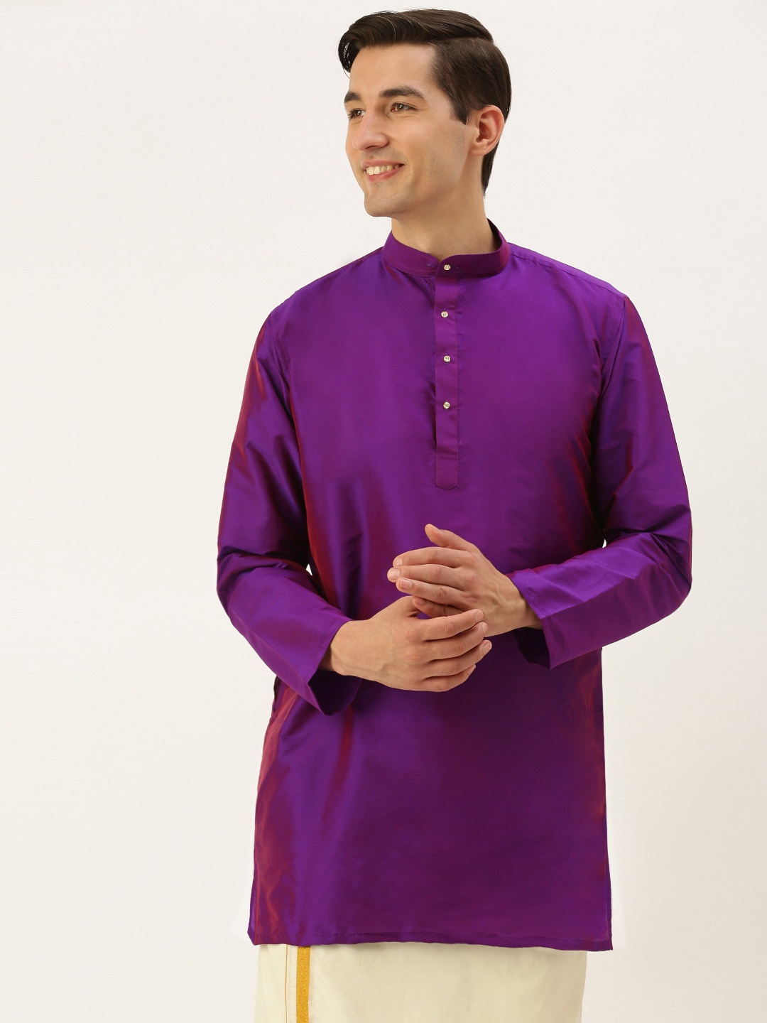 

THANGAMAGAN Men Purple Solid Band Collar A-Line Straight Kurta