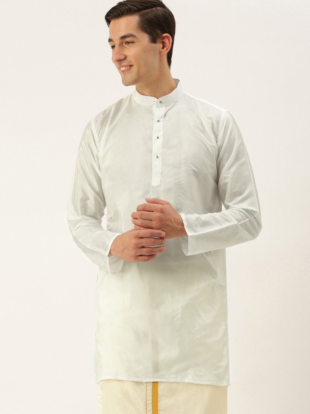 

THANGAMAGAN Men White Solid Band Collar A-Line Straight Kurta