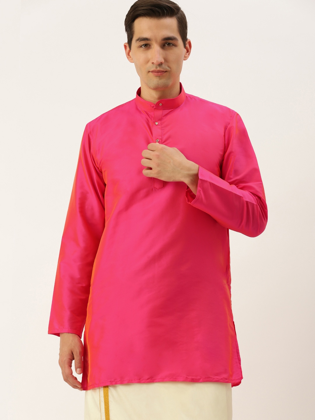 THANGAMAGAN Men Coral Pink Solid Straight Kurta with Link Detail