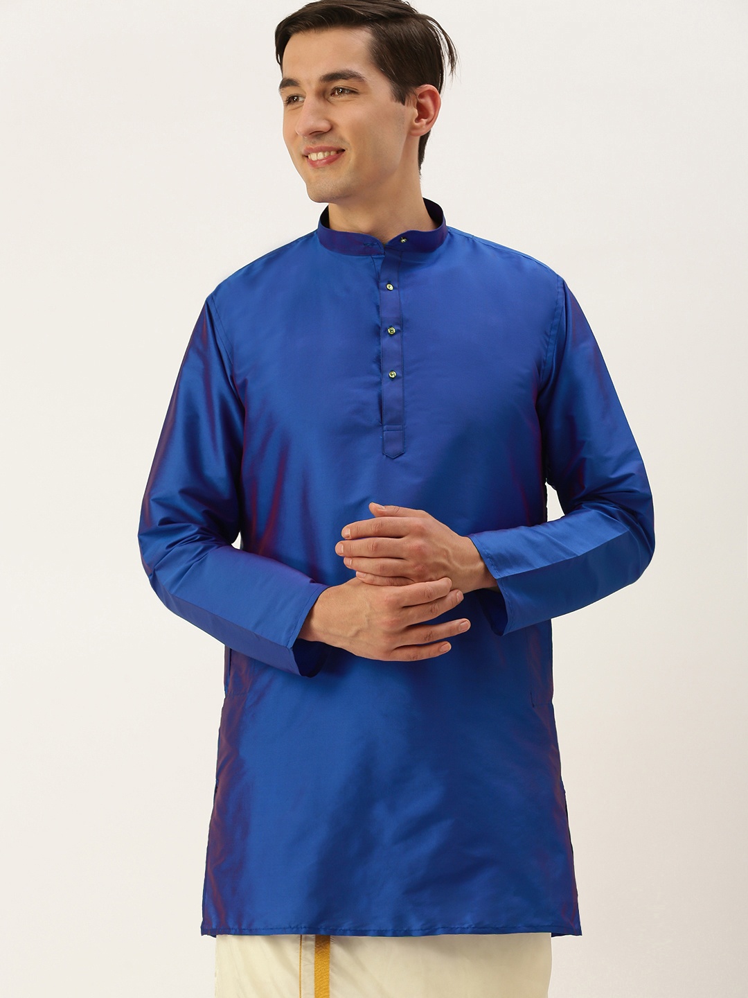 

THANGAMAGAN Men Blue Solid Band Collar A-Line Straight Kurta