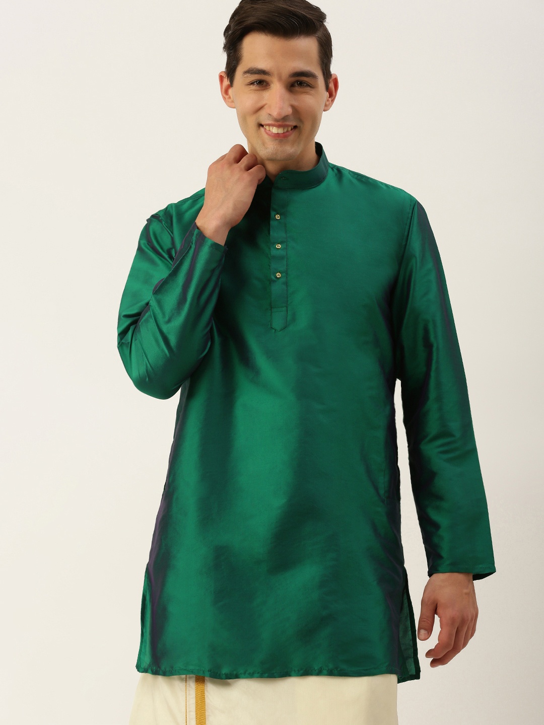 

THANGAMAGAN Men Green Solid Band Collar A-Line Straight Kurta
