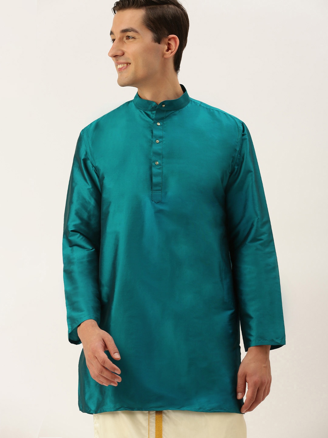 

THANGAMAGAN Men Teal Solid Band Collar A-Line Straight Kurta