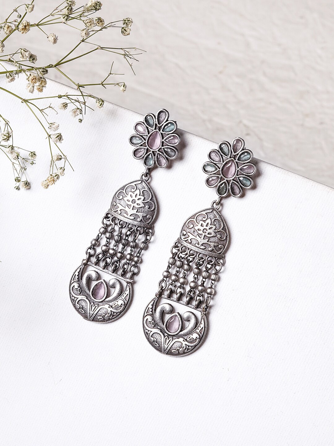 

TEEJH Silver-Toned Contemporary Drop Earrings