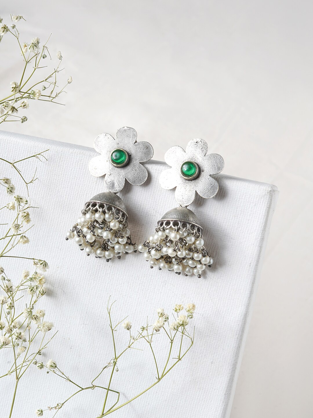 

TEEJH Silver-Toned Contemporary Jhumkas Earrings