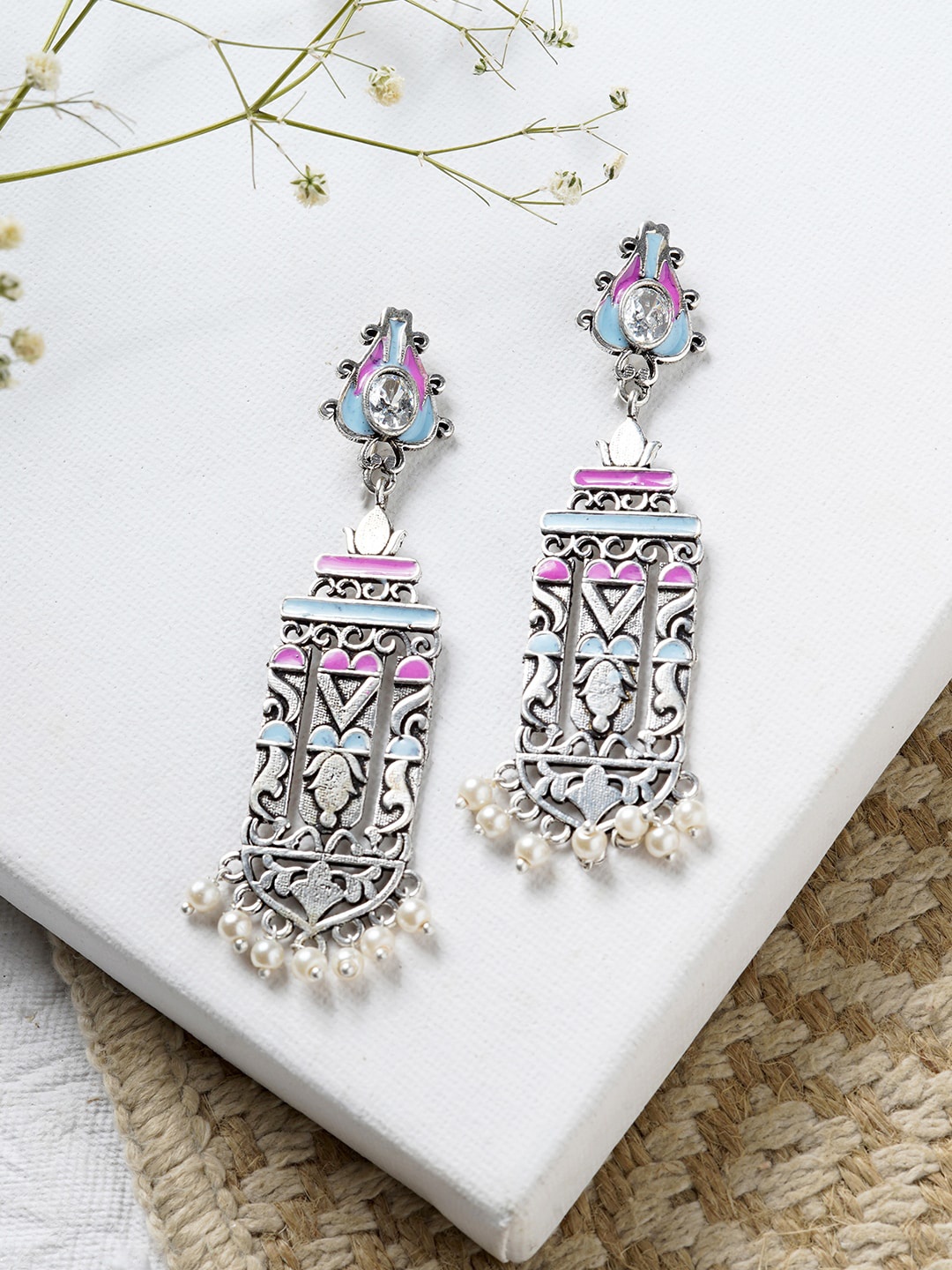 

TEEJH Silver-Toned Contemporary Drop Earrings