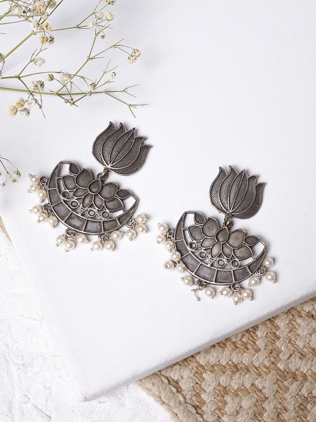 

TEEJH Silver-Toned Contemporary Chandbalis Earrings