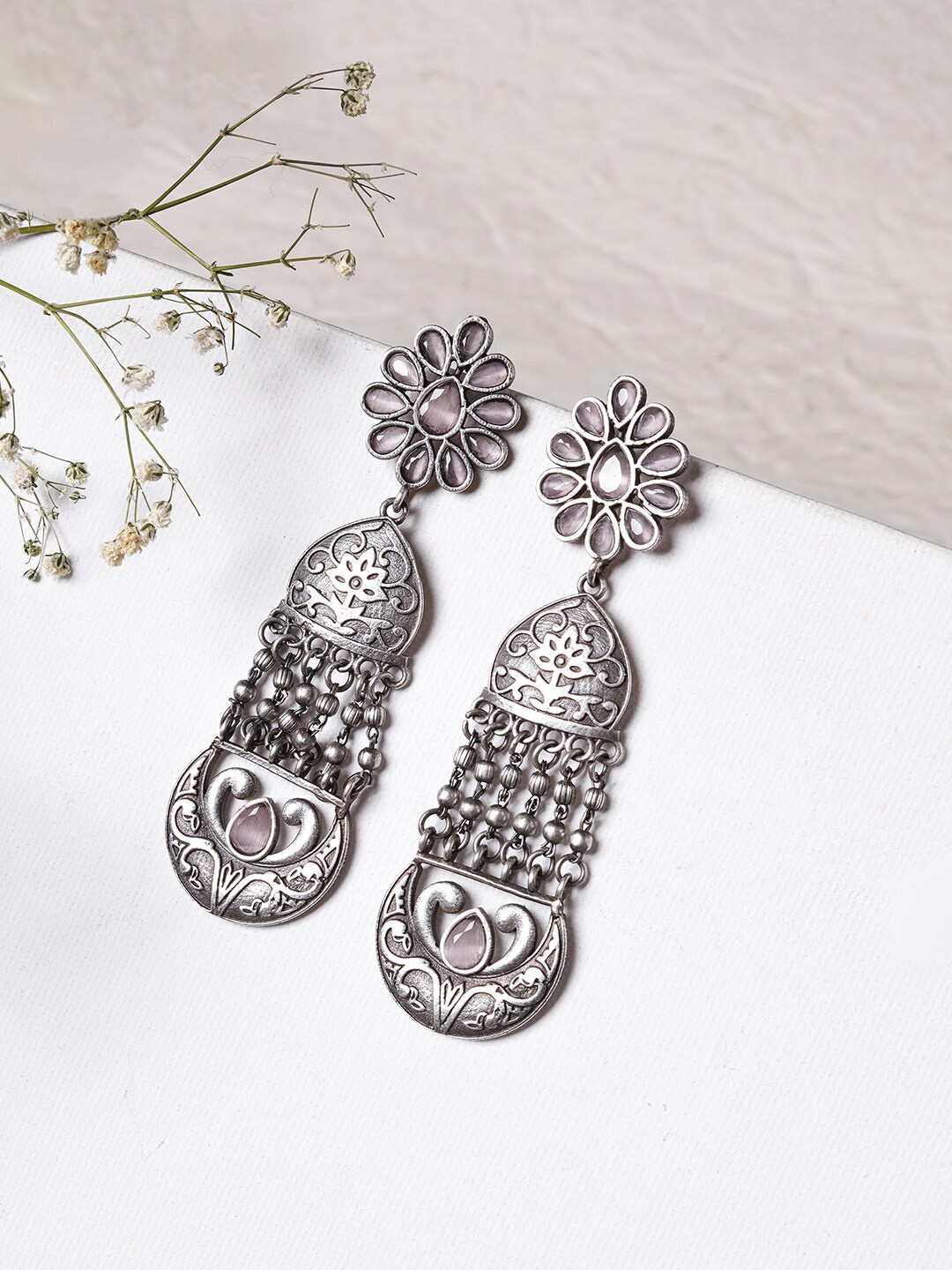 

TEEJH Silver-Toned Contemporary Jhumkas Earrings