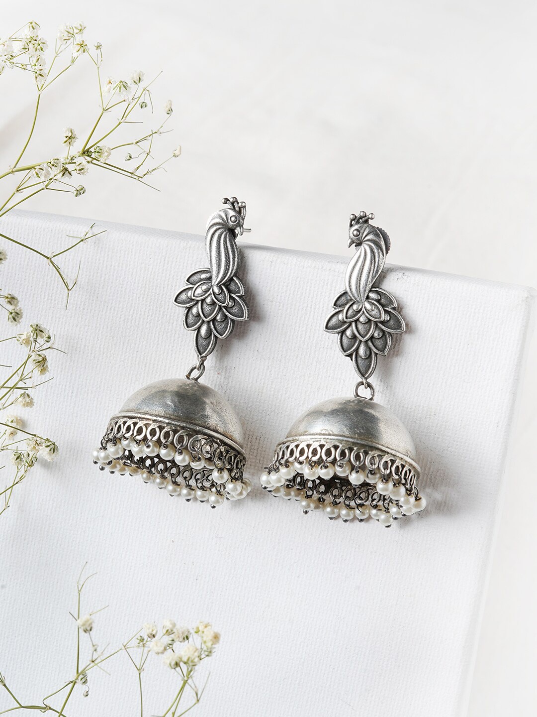 

TEEJH Silver-Toned Contemporary Jhumkas Earrings