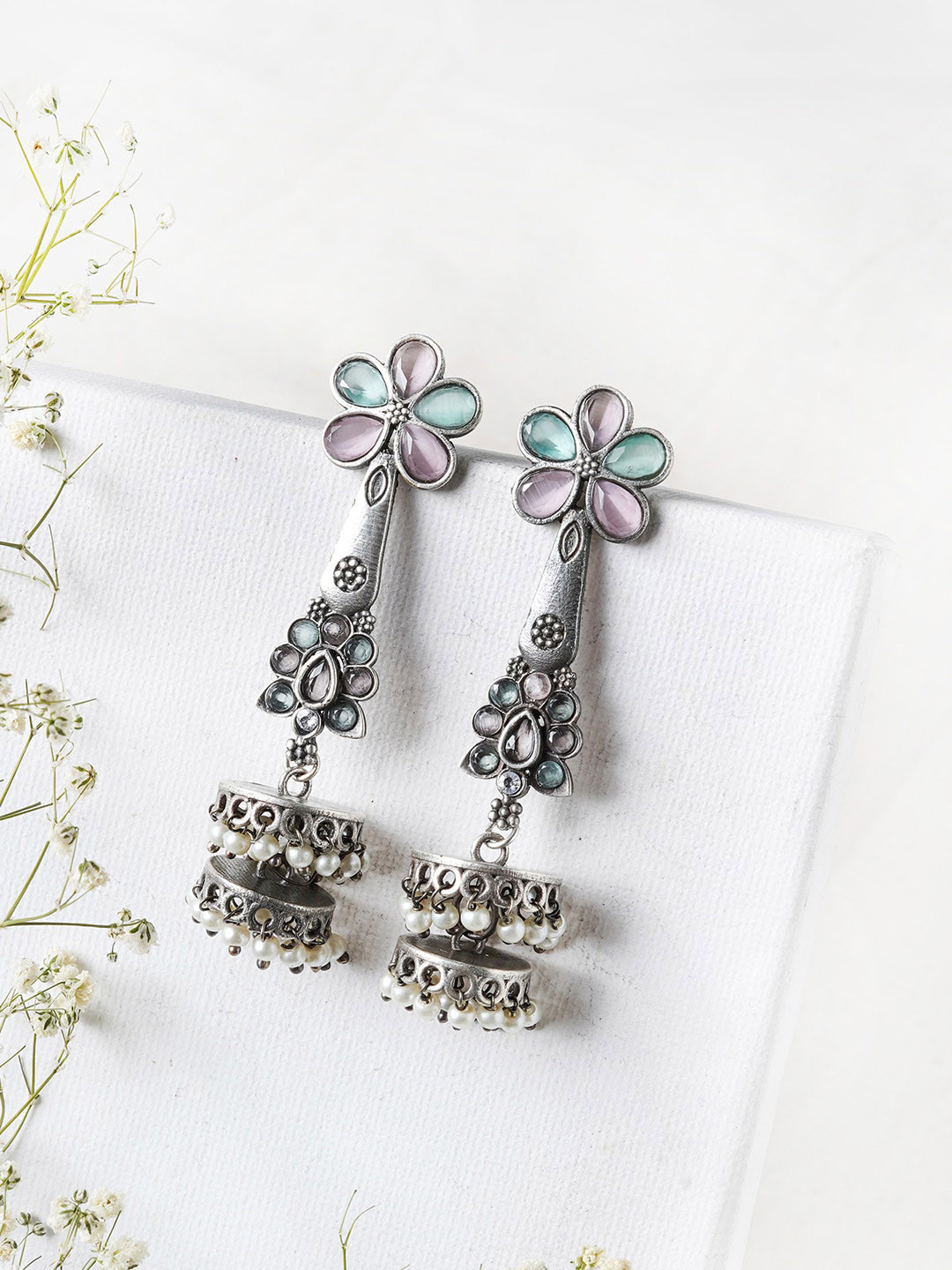 

TEEJH Silver-Toned Contemporary Drop Earrings