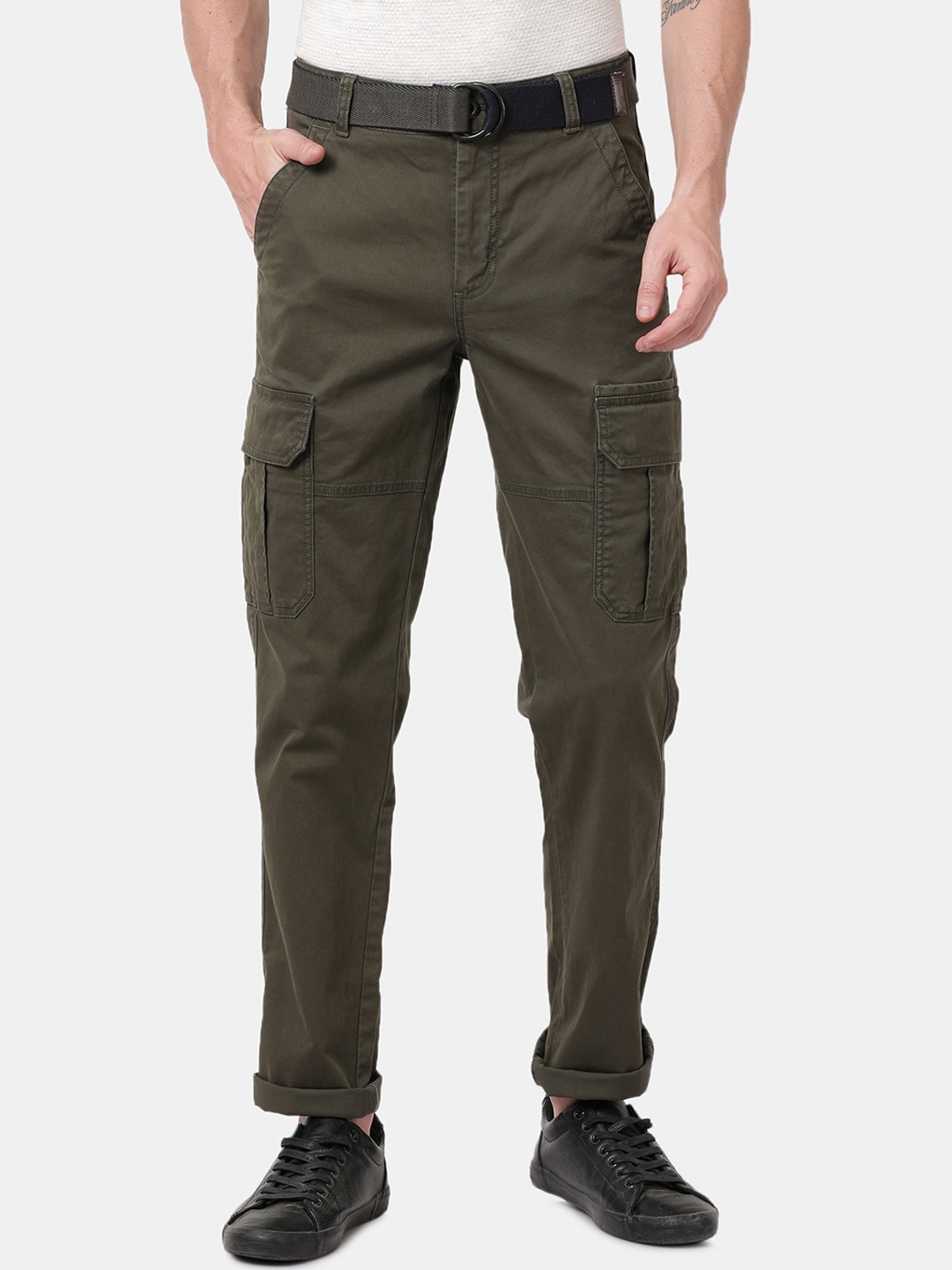 

t-base Men Olive Green Easy Wash Cargos Trousers