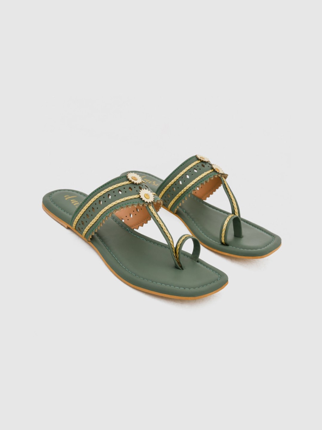 

daisie Women Olive Green Embellished T-Strap Flats
