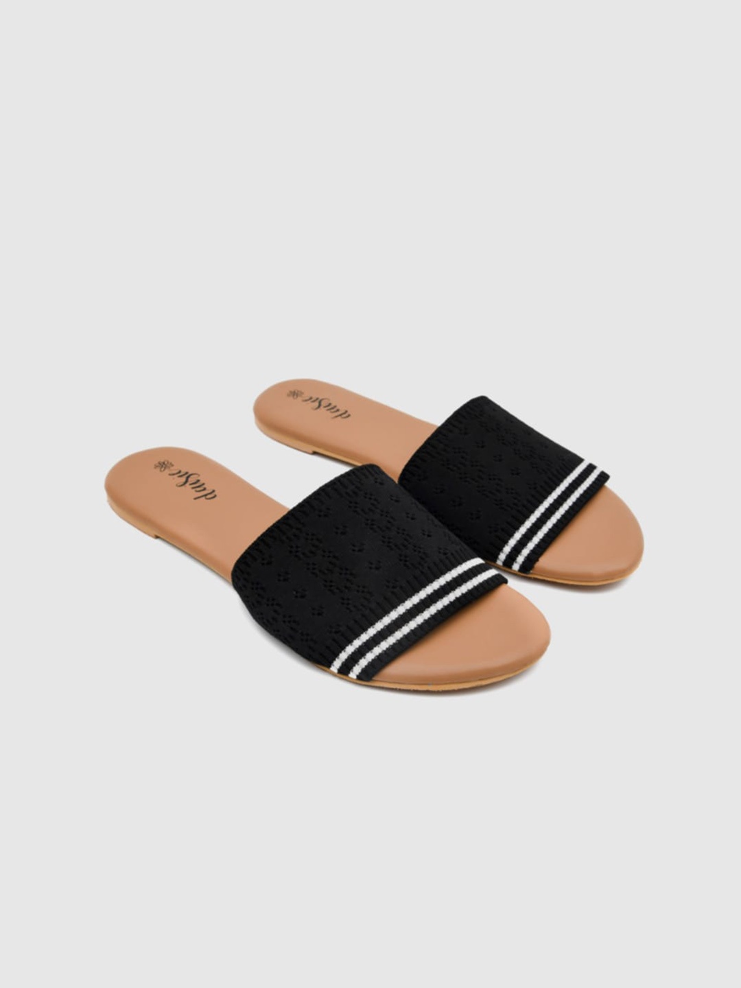 

daisie Women Black Striped Open Toe Flats with Bows