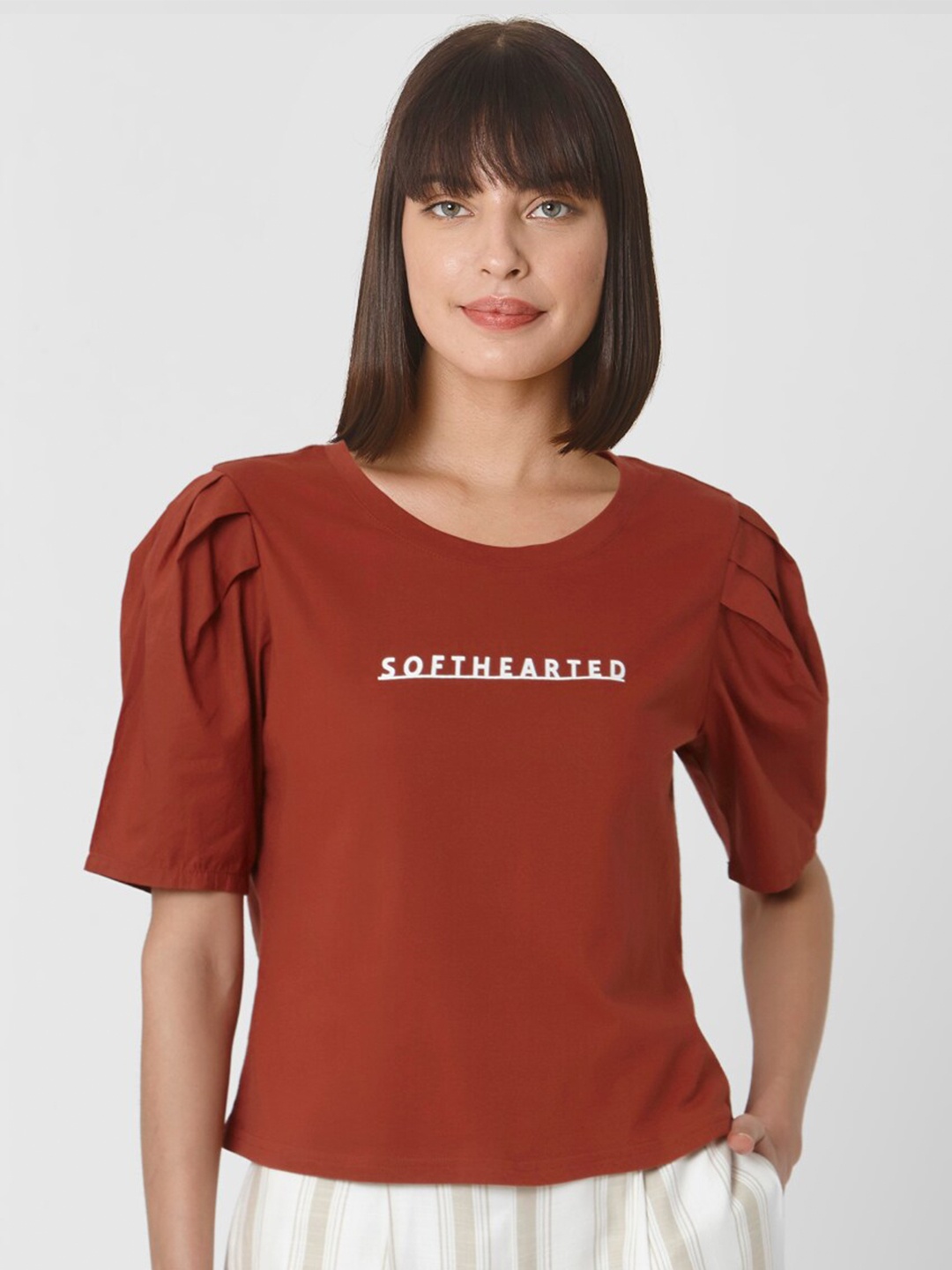 

Vero Moda Women Brown Typography Colourblocked T-shirt