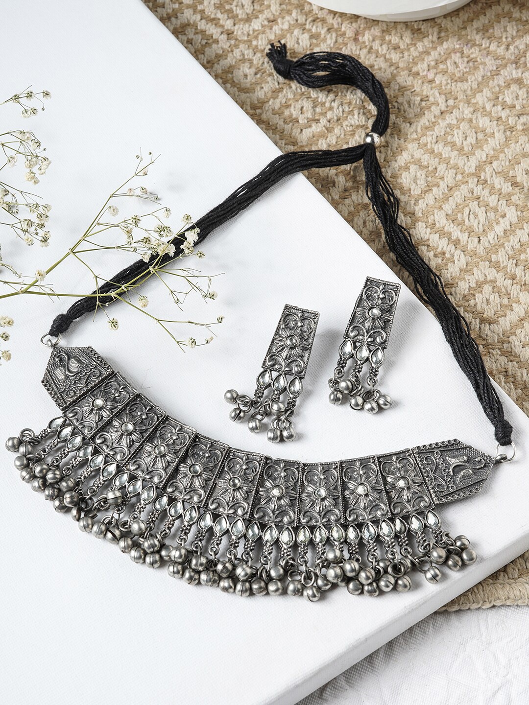 

TEEJH Silver-Plated Oxidized Choker Necklace Set